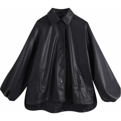 PUWD Vintage Woman Oversized Black Leather Coat Fad Vogue Ladies Autumn Loose Batwing Sleeve Outerwear Female Casual Jacket