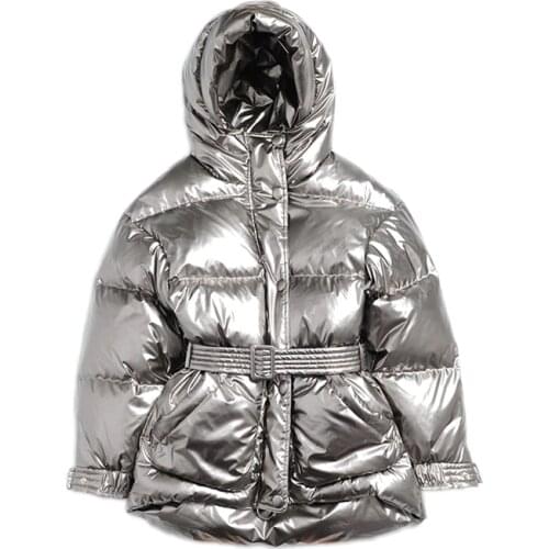 Fashion Womens Shiny Fluffy Down Coat Female Winter Oversized Iregular Thicker Warm Glossy Hooded Down Parkas With belt F2463