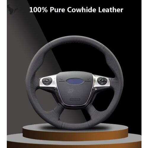 Black Genuine Leather Car Steering Wheel Cover for Ford Focus 3 2012 2013 2014 KUGA Escape 2013 2014 2015 2016 C-MAX 2011-2014