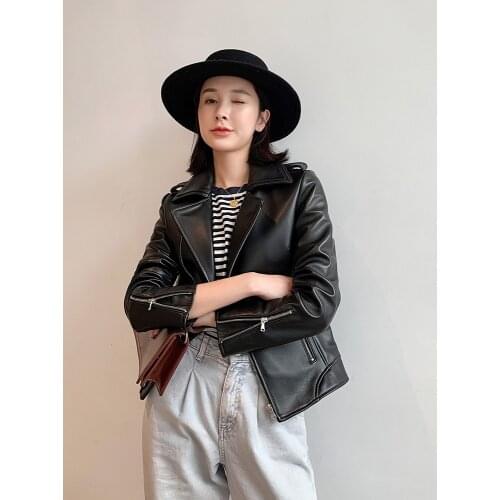 Real Leather Jacket Women Black Short Genuine Leather Coat Sheepskin Motorcycle Spring Autumn Jacket Cuero Genuino 17D14 Pph333