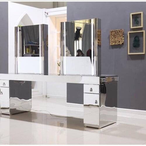 Salon hairdresser mirror table stainless steel marble countertop with touch screen LED light haircut makeup mirror