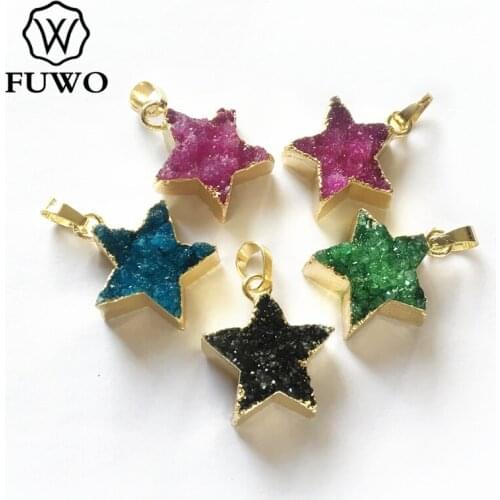 FUWO Natural Druzy Flower Pendant With Gold Trimmed Fashion Mixed Color Crystal Cluster Pendant For Necklace Making PD234