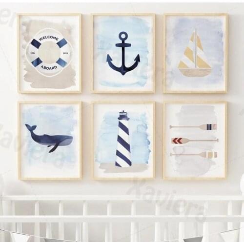 Mediterranean Cartoon Poster Whale Sailing Boat Lighthouse Wall Art Canvas Painting Nordic Wall Decor Baby Nursery Home Decor