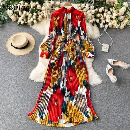 Neploe Vintage Bohemian Holiday Maxi Dress Women High Waist Hip A Line Draped Vestidos O Neck Long Sleeve Print Pleated Dresses