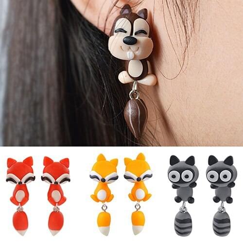 Womens Polymer Clay Animal Earrings Cute Cartoon Cat Ear Studs Earbobs Jewelry