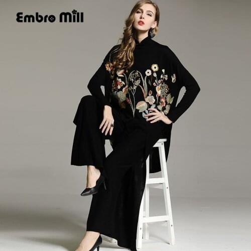 Women Black Sweater Top Chinese Style Royal Loose Wool Embroidery Floral Plus Size Knit Coat Elegant Lady Female M-XXXL