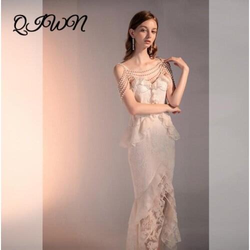 High Quality Brand Summer Luxury White Lace Pearl Chain Spaghetti Strap Ruffled Chic Elegant Women Night Midi Dress 2020 Clothes
