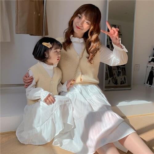Fairy Family Matching Dress+ Vest Suit Mum and Daughter Family Clothes Girls White Dress Yellow Knitting Vest Fall Women Suits