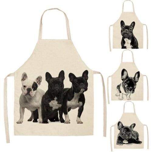 1 Pcs Bulldog Printing Kitchen Aprons Unisex Dinner Party Cooking Waist Bib Cotton Linen Pinafore Cleaning Tools WQ100