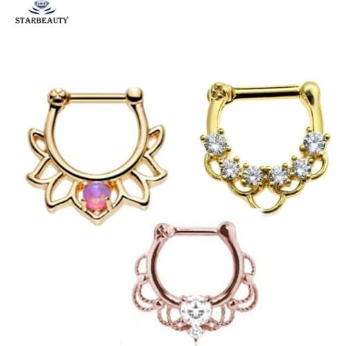 Hot Rose HoGold-Color 1PC Nose Ring Lacey Opal Gem Septum Ring Rook Clicker Titanium Shaft 16G Nose Hanger Body Piercing Jewelry