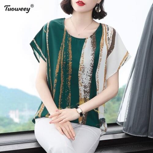 2021 Summer Short Sleeve Striped Women Blouses and Tops Casual Loose chiffon Women Shirts Plus Size Women Clothing Blusas