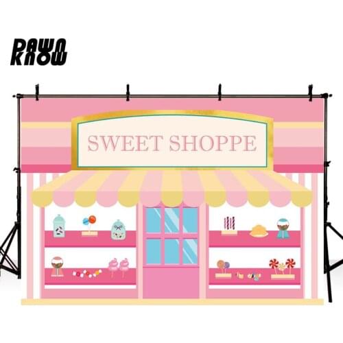DAWNKNOW Sweet Shoppe Photography Background Photocall Cartoon Pink Candy Bar Backdrop Children Photo Studio Customize lv1080