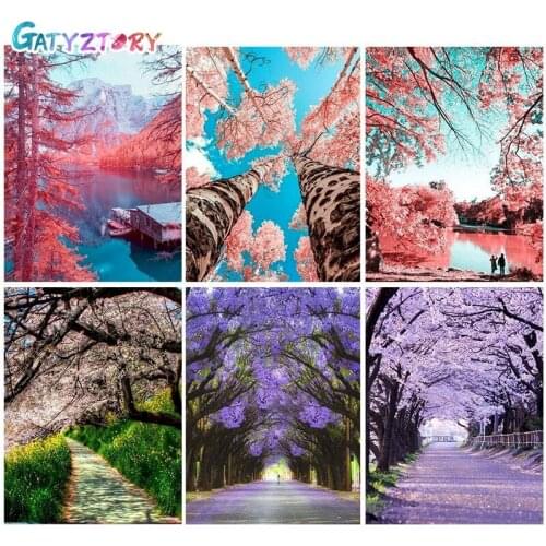 GATYZTORY DIY Painting By Numbers Cherry Road Oil Painting HandPainted Landscape Canvas Drawing Home Decor Gift