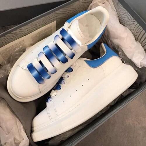 Gradient Color Strap Thick Bottom Genuine Leather White Female Casual Shoes Women Sneakers 2019 Fashion Thick Heel Platform Shoe