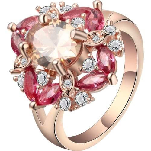 Hainon 2018 New Luxury Pink Flower Shaped Rings exaggeration Beauty Rose Gold color Finger Rings Jewelry for women Accessories