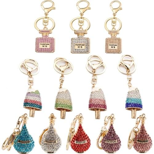Crystal Pendant Keyrings Jewelry Fashion Perfume Bottle Keychain Women Key Chain Cute Ice-cream Rhinestone Shape Car Keyring Toy