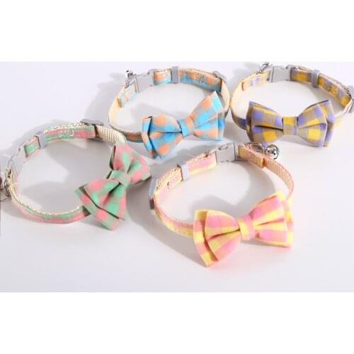 Cute Plaid Bow Cat Collar with Bell Cotton Bowknot Kitten Necklace Safety Buckle Adjustable Neck Tie For Dogs Cat Accessories