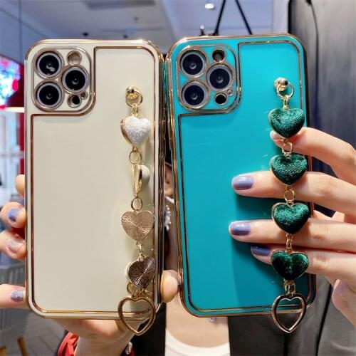 Moskado Soft Plating Solid Color Plush Love Heart Wrist Bracelet Phone Case For iPhone 11 12 Pro Max X XS XR 7 8 Plus SE 2020