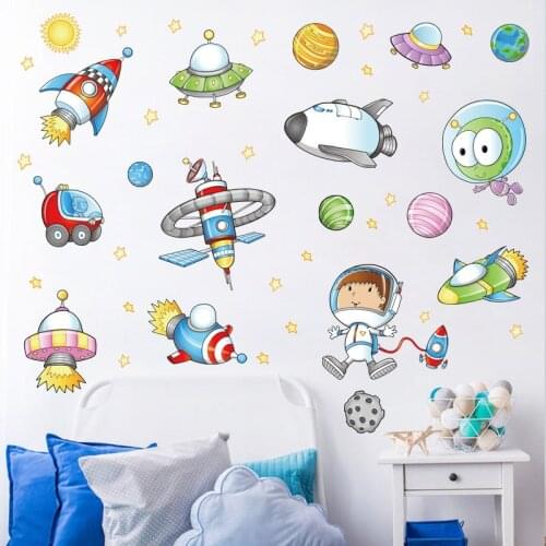 Space Astronaut Cartoon Wall Sticker Kids Room Outer Space Planet Galaxy Rocket Ship Decorative Wall Murals For Childs Favor