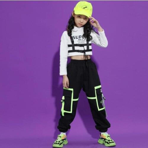 Kds Stage Wear Hip Hop Clothing Outfits Crop Top Sweatshirt TopsTactical Cargo Pants for Girls Jazz Dance Costume Clothes