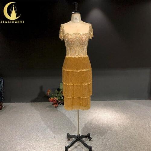 Rhine real Pictures Luxurious Gold Crystal Beaded Tassels Short SLeevesLuxurious Knee Length arabic evening dresses long