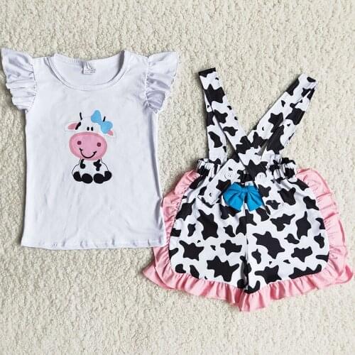 RTS Toddler Baby Girls Clothes Suspender Design Bow Boutique Girls Clothing Summer Outfit Farm Print Wholesale Children Clothes