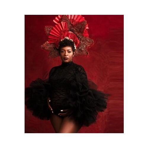 Sexy Black See Thru Maternity Tulle Dress For Women Photo Shoot Puffy Ruffled Sleeve Bodysuit South Africa Style Plus Size