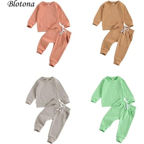 Blotona Baby Girl Boy Spring Fall Clothing Soft Tracksuit Solid Color Long Sleeve Sweatshirt Top+Drawstring Pants 2Pcs Set, 0-4Y