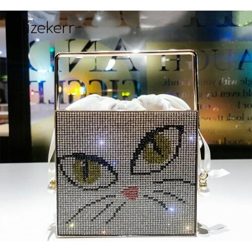 Cartoon Cat Diamond Dinner Bag Women 2020 New Cute Rhinestone Metal Handle Small Square Handbag Female Chic Cage Dinner Purse