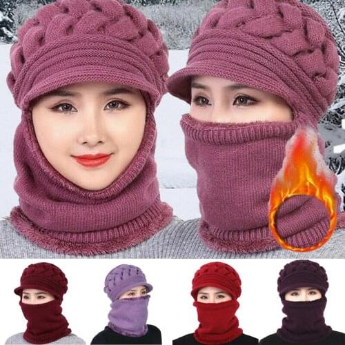 Women Winter Knitted Windproof Warm Beanie Cap Neck Gaiter Hat Scarf Gift Set