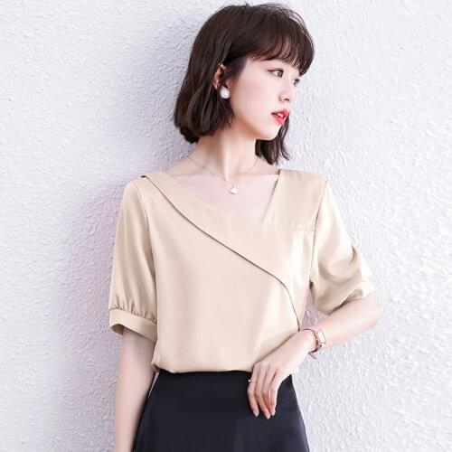 Womens Blouses Summer Elegant Tunic Office Plus Size Satin Silk Blouse Basic Chiffon Tops Shirt 2021 For Women Chiffon Blouse