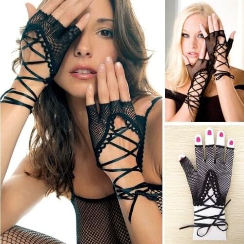 Women Black Half Finger Gloves Lace Trim Sexy Gloves Ladies Dance Costume (Color: Black)