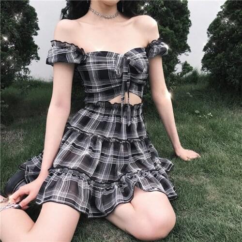 Plaid Two Piece Set Women Sets Chiffon Off Shoulder Crop Top T Shirt Fashion Sweet Girl Pleated Skirt Gothic Casual Outfits