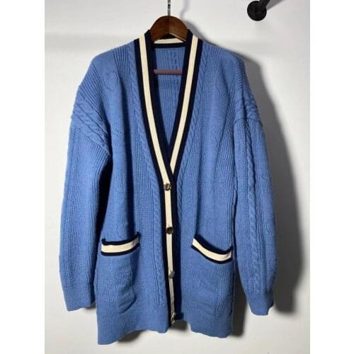 2021 New Womens V-Neck Blue Knit Cardigan Ladies Long Sleeve Single-Breasted Hollow Out Sweater Color Patchwork Outwear Tops