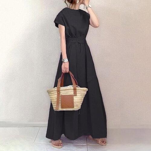 Summer short sleeve black dress women high waist a line long maxi robe femme vestiods 2021 new korean japan lady workwear robe