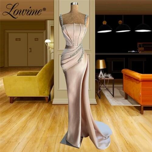 Lowime Crystals Beaded Pink Party Dress Mermaid Arabic Evening Gowns 2021 Couture Long Celebrity Dresses Plus Size Prom Dress
