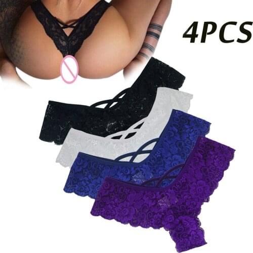 4PC Womens Sexy Underwear For Sex Sexy Lace Transparent Low Waist Panties G-string Lingerie Thongs Lenceria Erotica Mujer Sexi