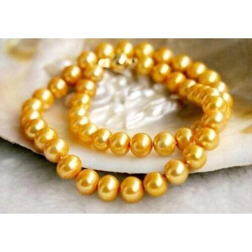 925silver Yellow Gold HOT 18" 9-10MM REAL AUSTRALIAN SOUTH SEA GOLDEN PEARL NECKLACE