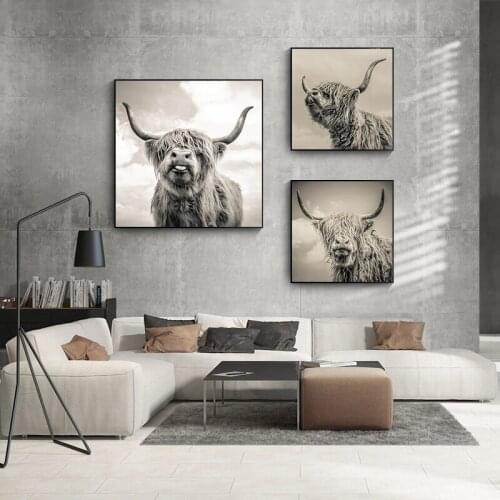 Black and White Highland Cow Cattle Wall Canvas Art Nordic Painting Poster and Print Scandinavian Wall Picture for Living Room
