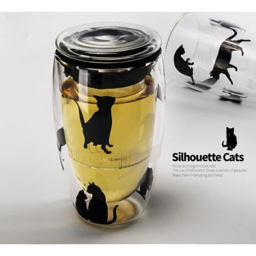 Double Layer Glass Cup with Tea Filter Glass Household Scented Tea Cup Thermal Insulation Tea Cup Creative Cat Portable Cup