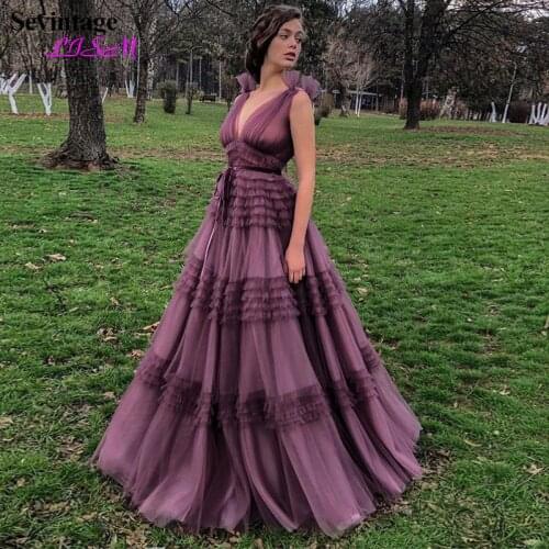 Elegant A-Line Empire Tulle Evening Dresses Deep V-Neck Sleeveless Pleated Prom Gowns Plus Size Purple Abendkleider 2021