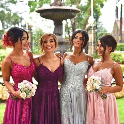 Purple Cheap Bridesmaid Dresses Under 50 A-line Spaghetti Straps Chiffon Appliques Long Wedding Party Dresses