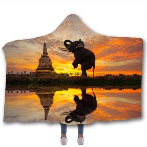 Elephant Print Hooded Blanket Fleece Blankets And Throws Blankets For Beds Double Layered Velvet Warm Wearable Soft Blanket