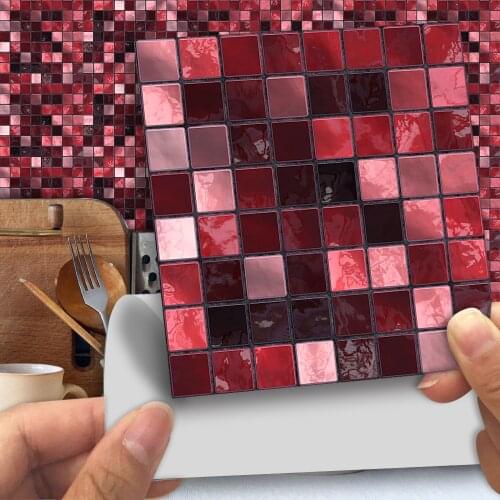 Funlife® Red Mosaic Wall Sticker Removable Oil Proof Decorative Self-Adhesive DIY Tile Sticker for Kitchen Backsplash Floor Wall