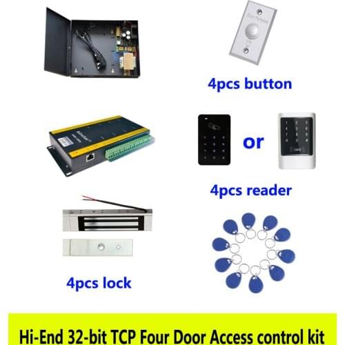 Hi-end 32-bit access control kit,TCP four door+power+180kg magnetic lock +ID touch keypad reader+button+10 ID tags,sn:kit-AT403