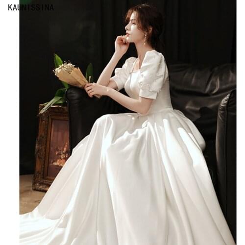KAUNISSINA Satin Corset Wedding Dresses Women Square Collar Floor-Length Pearls Marriage Dress Elegant Simple A-Line Bridal Gown
