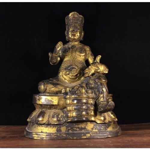 Chinese temple collection Old Bronze Cinnabar Lacquer Yellow God of Wealth Buddha Statue Huang Caishen Sitting Buddha Ornaments
