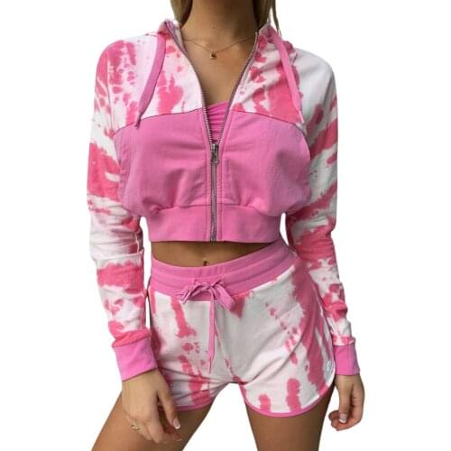 2 Piece Women’s Outfits Sportwear Long Sleeve Tie Dye Print Cropped Zipper Sweatshirt+Elastic Waist Shorts Clothes High Quality