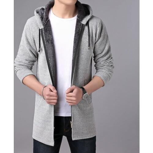 Korean Mens Fleece-lined Windbreaker Thick Long Trench Coat Solid Cardigan Casual Hooded Sweater Coats Male 5 Color M-3XL 6619
