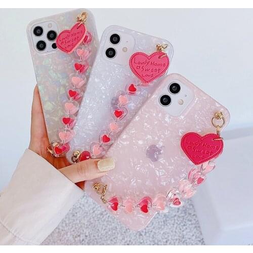 Red Crystal Love Heart Wrist Bracelet Strap Phone Case For iPhone 11 12 Pro MAX 6S 7 8 Plus X XR XS Max Conch Design Chain Cover